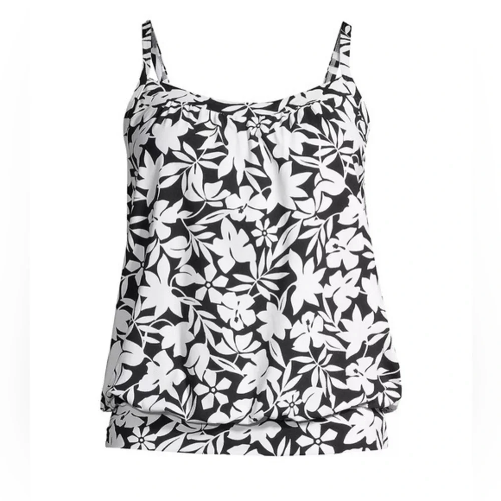 Lands End Women’s Blouson Tummy Hiding Tankini Swimsuit Top Size 8 Black White